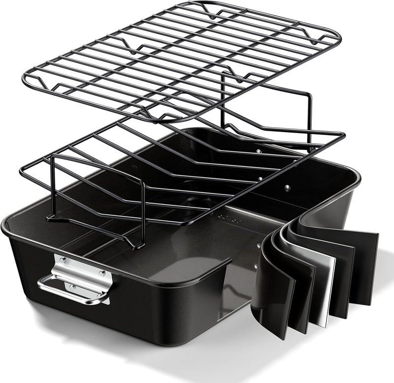 Armorbear Turkey Roasting Pan with Rack Non stick Carbon Steel Roaster 16x11 Inch, Dishwasher Safe, Deep Baking Broiler Pan for Oven Chicken, Bacon, Black - Image 1